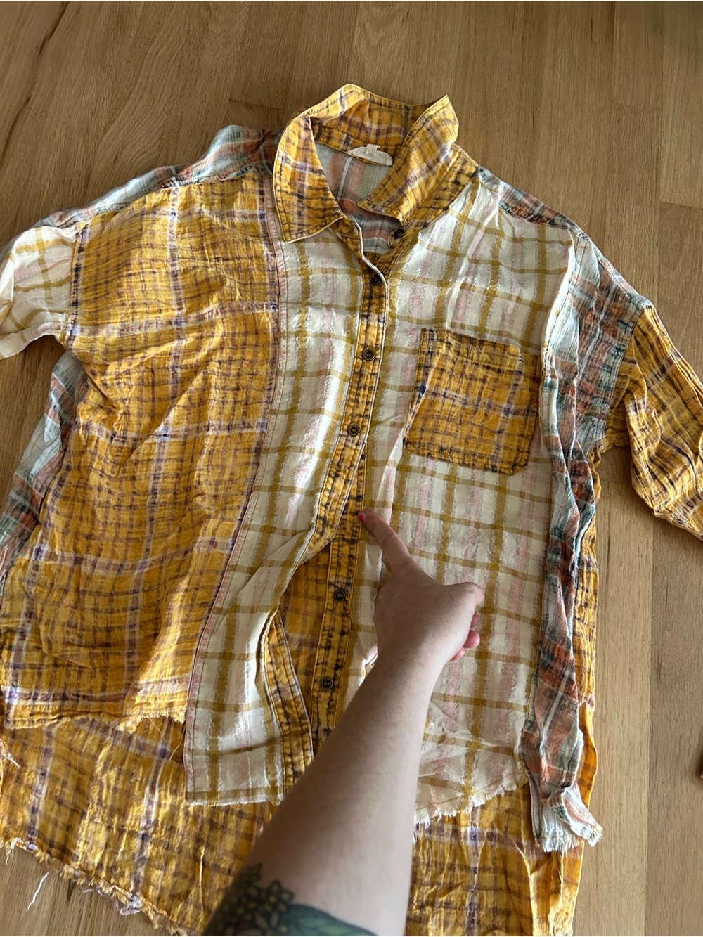 Mystree Yellow & White Plaid Cotton Raw Hem Flannel Button Up Shirt medium - Picture 5 of 11